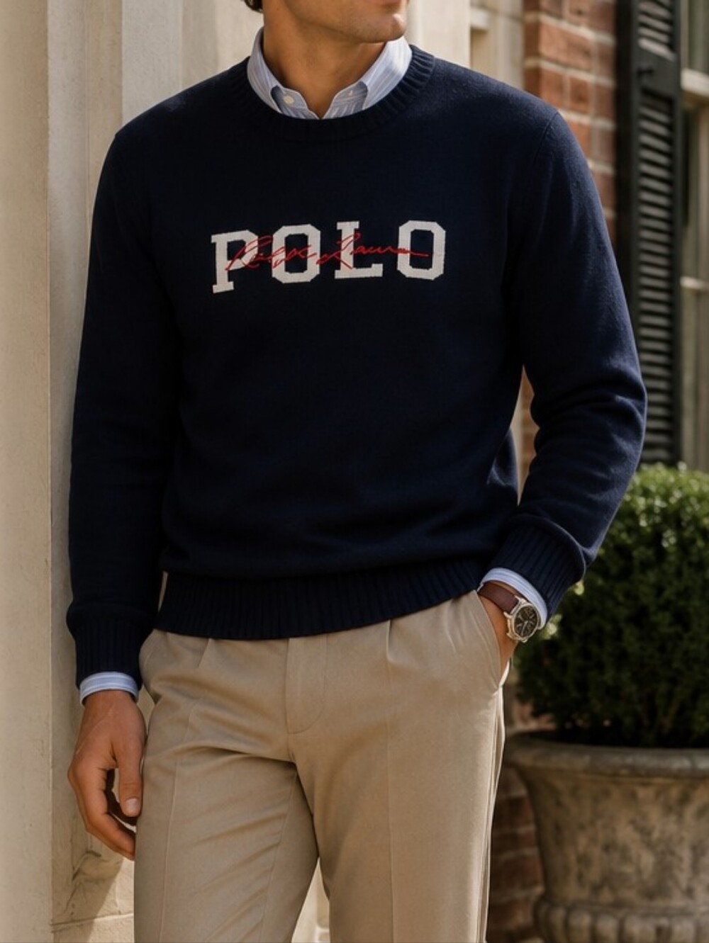 Polo Ralph Lauren Logo Signature Intarsia Navy Blue Pull Over Sweater Mens
